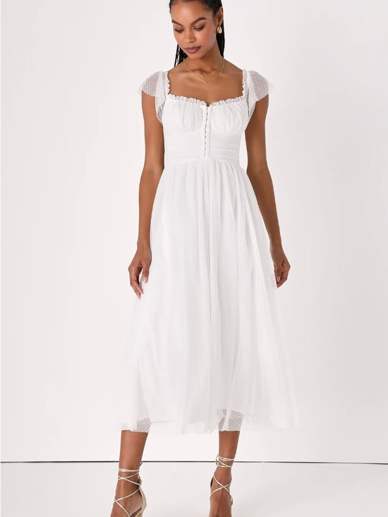 Lulus Dresses & Skirts - Lulus White Polka Dot Tulle Midi Dress M Square Neck Flutter Sleeve Zip